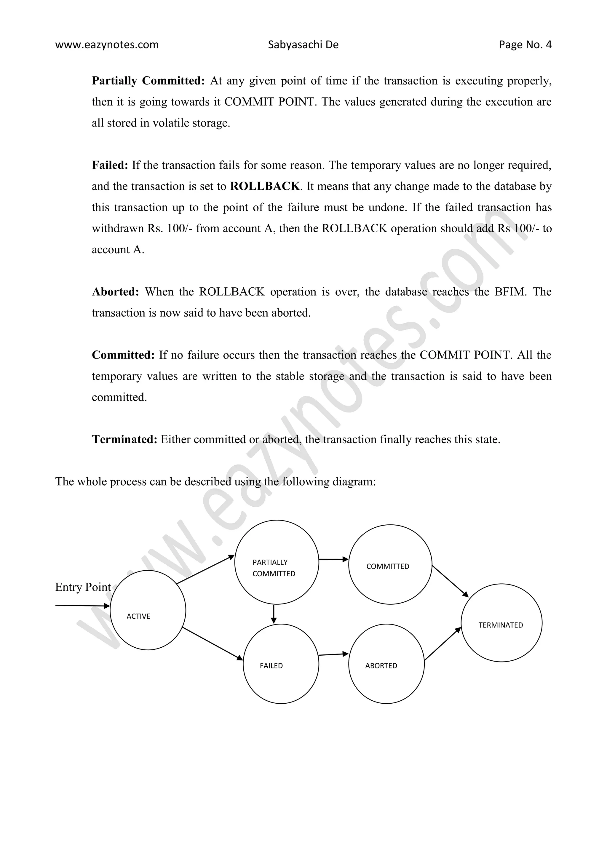 www.eazynotes.com Sabyasachi De Page No. 4 Partially Committed: At any given point of time if the transaction is executing properly, then it is going towards it COMMIT POINT. The values generated during the execution are all stored in volatile storage. Failed: If the transaction fails for some reason. The temporary values are no longer required, and the transaction is set to ROLLBACK. It means that any change made to the database by this transaction up to the point of the failure must be undone. If the failed transaction has withdrawn Rs. 100/- from account A, then the ROLLBACK operation should add Rs 100/- to account A. Aborted: When the ROLLBACK operation is over, the database reaches the BFIM. The transaction is now said to have been aborted. Committed: If no failure occurs then the transaction reaches the COMMIT POINT. All the temporary values are written to the stable storage and the transaction is said to have been committed. Terminated: Either committed or aborted, the transaction finally reaches this state. The whole process can be described using the following diagram: Entry Point ACTIVE ABORTED FAILED COMMITTED PARTIALLY COMMITTED TERMINATED 