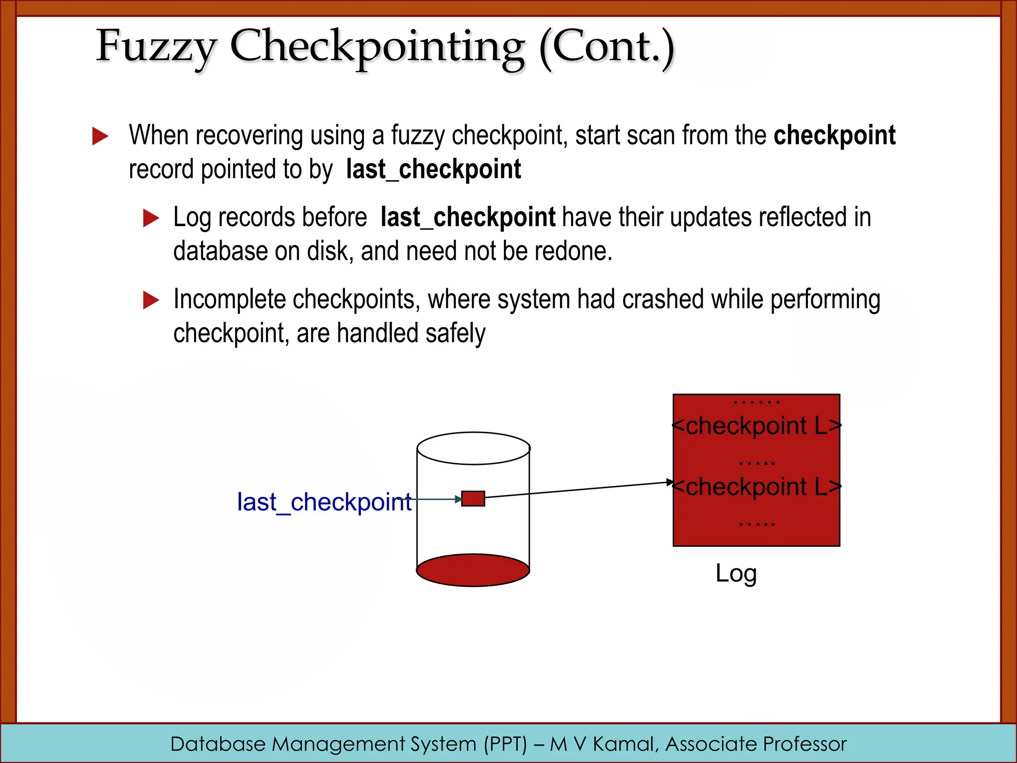 Database Management System (PPT) – M V Kamal, Associate Professor Fuzzy Checkpointing (Cont.)  When recovering using a fuzzy checkpoint, start scan from the checkpoint record pointed to by last_checkpoint  Log records before last_checkpoint have their updates reflected in database on disk, and need not be redone.  Incomplete checkpoints, where system had crashed while performing checkpoint, are handled safely …… <checkpoint L> ….. <checkpoint L> ….. Log last_checkpoint 