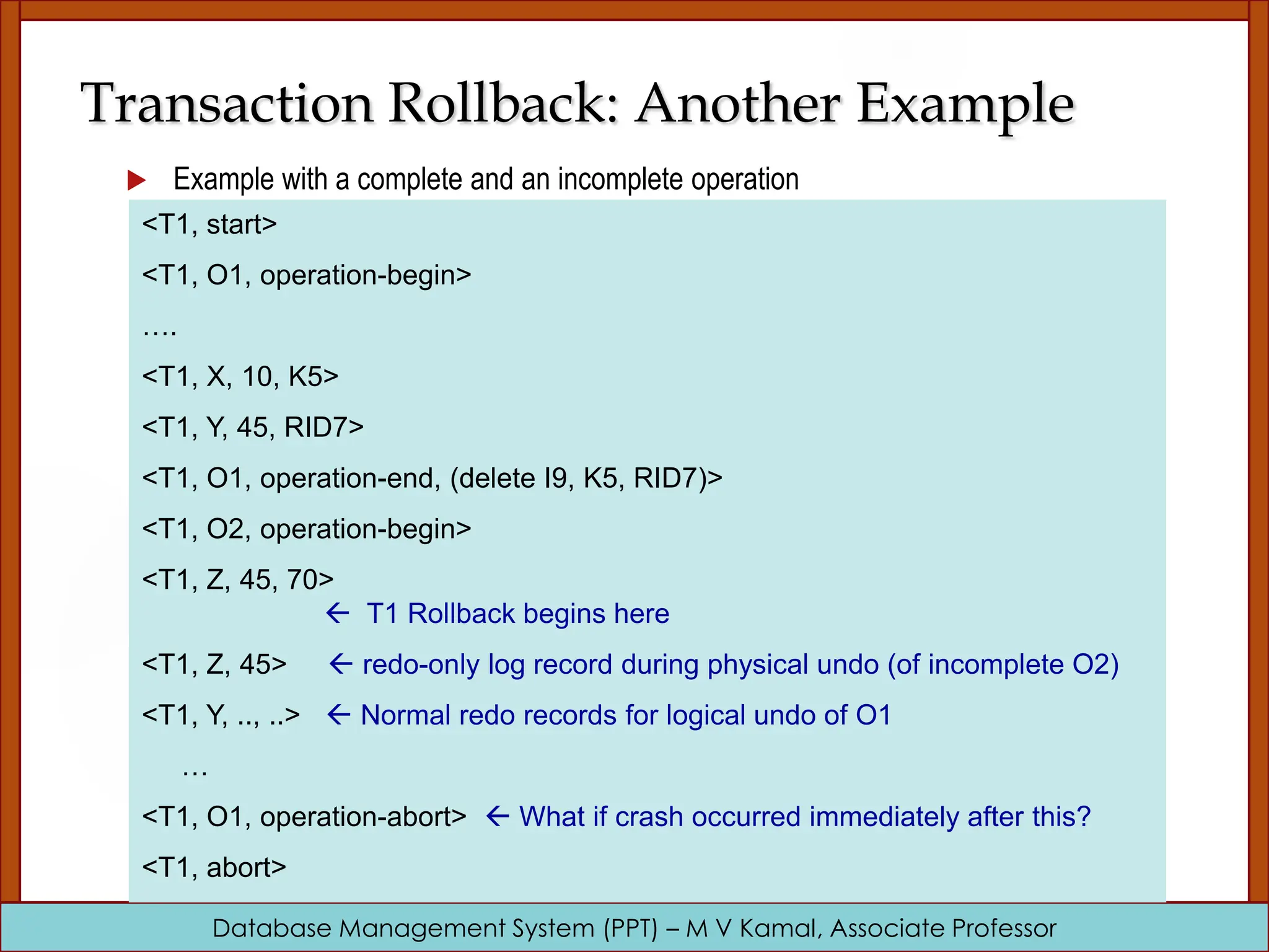 Database Management System (PPT) – M V Kamal, Associate Professor Transaction Rollback: Another Example  Example with a complete and an incomplete operation <T1, start> <T1, O1, operation-begin> …. <T1, X, 10, K5> <T1, Y, 45, RID7> <T1, O1, operation-end, (delete I9, K5, RID7)> <T1, O2, operation-begin> <T1, Z, 45, 70>  T1 Rollback begins here <T1, Z, 45>  redo-only log record during physical undo (of incomplete O2) <T1, Y, .., ..>  Normal redo records for logical undo of O1 … <T1, O1, operation-abort>  What if crash occurred immediately after this? <T1, abort> 