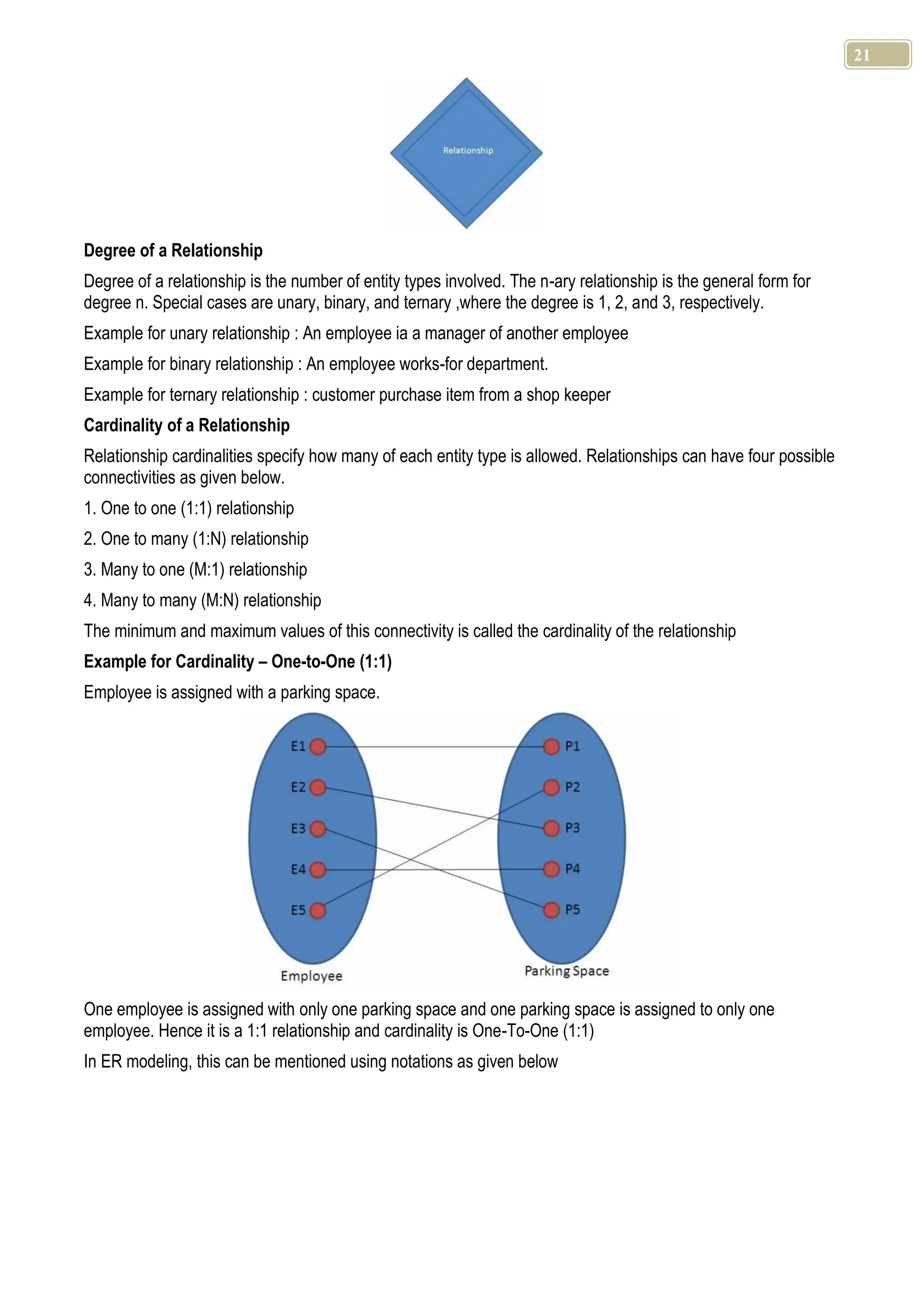 21 Degree of a Relationship Degree of a relationship is the number of entity types involved. The n-ary relationship is the general form for degree n. Special cases are unary, binary, and ternary ,where the degree is 1, 2, and 3, respectively. Example for unary relationship : An employee ia a manager of another employee Example for binary relationship : An employee works-for department. Example for ternary relationship : customer purchase item from a shop keeper Cardinality of a Relationship Relationship cardinalities specify how many of each entity type is allowed. Relationships can have four possible connectivities as given below. 1. One to one (1:1) relationship 2. One to many (1:N) relationship 3. Many to one (M:1) relationship 4. Many to many (M:N) relationship The minimum and maximum values of this connectivity is called the cardinality of the relationship Example for Cardinality – One-to-One (1:1) Employee is assigned with a parking space. One employee is assigned with only one parking space and one parking space is assigned to only one employee. Hence it is a 1:1 relationship and cardinality is One-To-One (1:1) In ER modeling, this can be mentioned using notations as given below 