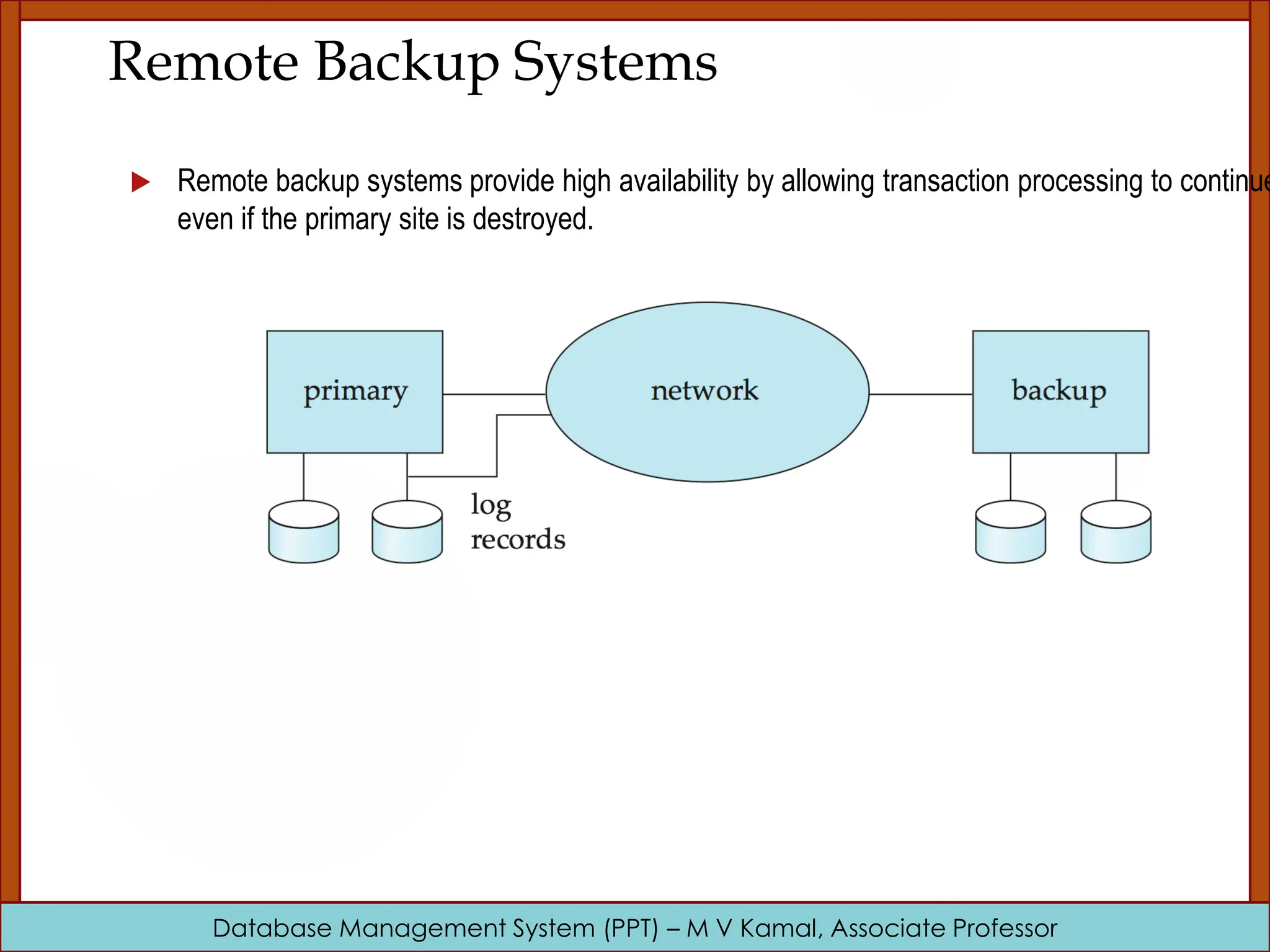 Database Management System (PPT) – M V Kamal, Associate Professor Remote Backup Systems  Remote backup systems provide high availability by allowing transaction processing to continue even if the primary site is destroyed. 