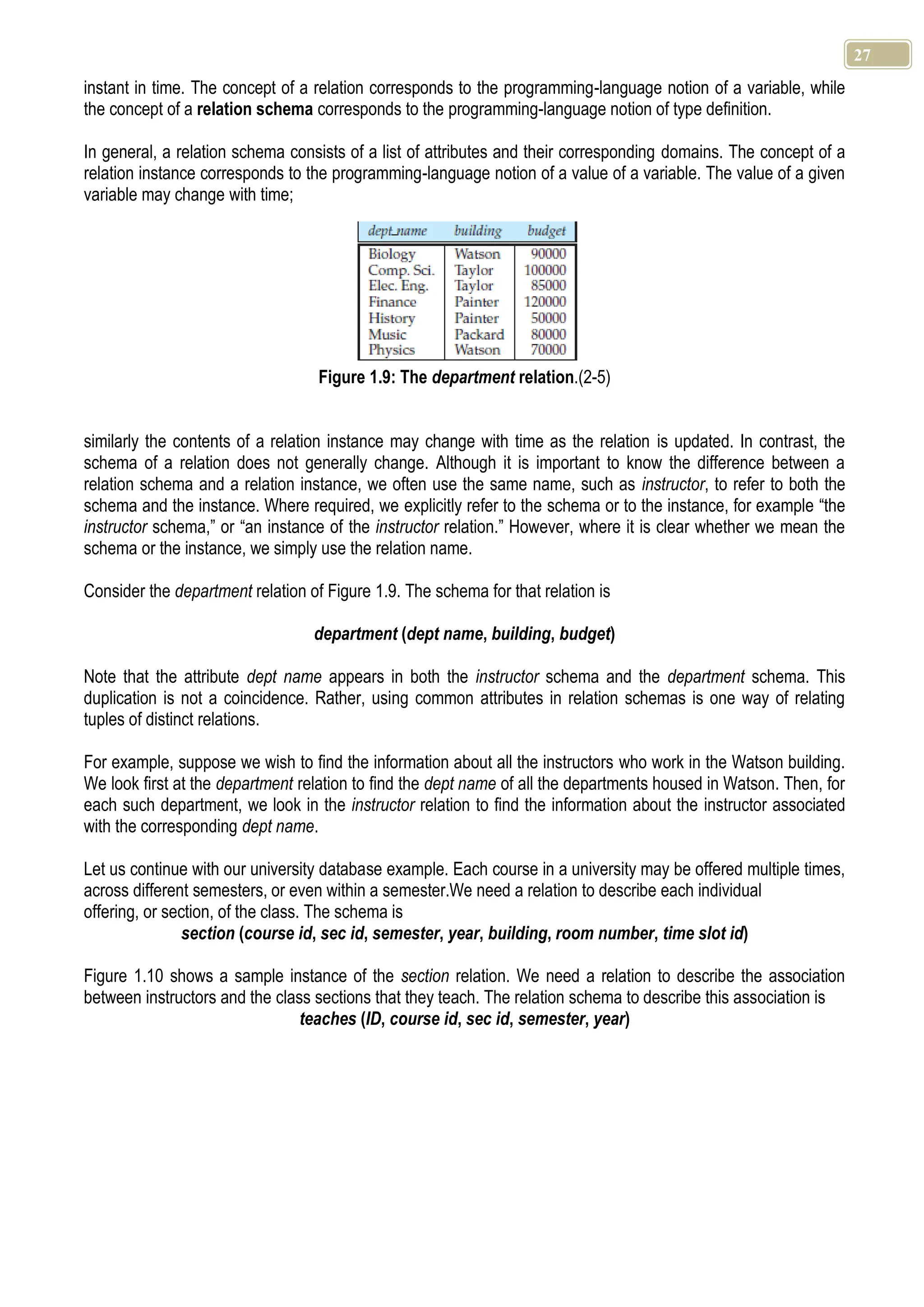 27 instant in time. The concept of a relation corresponds to the programming-language notion of a variable, while the concept of a relation schema corresponds to the programming-language notion of type definition. In general, a relation schema consists of a list of attributes and their corresponding domains. The concept of a relation instance corresponds to the programming-language notion of a value of a variable. The value of a given variable may change with time; Figure 1.9: The department relation.(2-5) similarly the contents of a relation instance may change with time as the relation is updated. In contrast, the schema of a relation does not generally change. Although it is important to know the difference between a relation schema and a relation instance, we often use the same name, such as instructor, to refer to both the schema and the instance. Where required, we explicitly refer to the schema or to the instance, for example “the instructor schema,” or “an instance of the instructor relation.” However, where it is clear whether we mean the schema or the instance, we simply use the relation name. Consider the department relation of Figure 1.9. The schema for that relation is department (dept name, building, budget) Note that the attribute dept name appears in both the instructor schema and the department schema. This duplication is not a coincidence. Rather, using common attributes in relation schemas is one way of relating tuples of distinct relations. For example, suppose we wish to find the information about all the instructors who work in the Watson building. We look first at the department relation to find the dept name of all the departments housed in Watson. Then, for each such department, we look in the instructor relation to find the information about the instructor associated with the corresponding dept name. Let us continue with our university database example. Each course in a university may be offered multiple times, across different semesters, or even within a semester.We need a relation to describe each individual offering, or section, of the class. The schema is section (course id, sec id, semester, year, building, room number, time slot id) Figure 1.10 shows a sample instance of the section relation. We need a relation to describe the association between instructors and the class sections that they teach. The relation schema to describe this association is teaches (ID, course id, sec id, semester, year) 