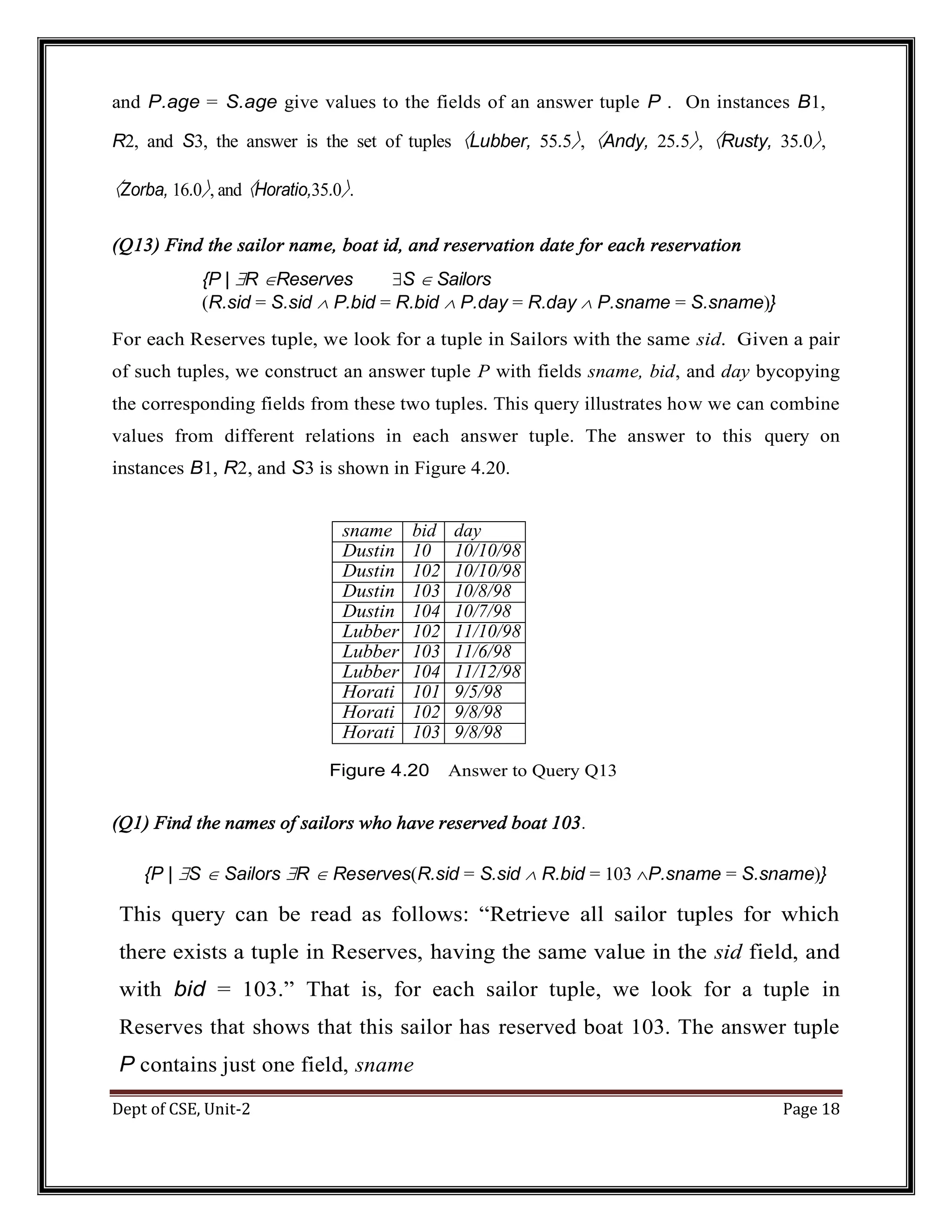 Dept of CSE, Unit-2 Page 18 and P.age = S.age give values to the fields of an answer tuple P . On instances B1, R2, and S3, the answer is the set of tuples 〈Lubber, 55.5〉, 〈Andy, 25.5〉, 〈Rusty, 35.0〉, 〈Zorba, 16.0〉, and 〈Horatio,35.0〉. (Q13) Find the sailor name, boat id, and reservation date for each reservation {P | R Reserves S  Sailors (R.sid = S.sid  P.bid = R.bid  P.day = R.day  P.sname = S.sname)} For each Reserves tuple, we look for a tuple in Sailors with the same sid. Given a pair of such tuples, we construct an answer tuple P with fields sname, bid, and day bycopying the corresponding fields from these two tuples. This query illustrates how we can combine values from different relations in each answer tuple. The answer to this query on instances B1, R2, and S3 is shown in Figure 4.20. sname bid day Dustin 10 10/10/98 Dustin 102 10/10/98 Dustin 103 10/8/98 Dustin 104 10/7/98 Lubber 102 11/10/98 Lubber 103 11/6/98 Lubber 104 11/12/98 Horati ooo 101 9/5/98 Horati o 102 9/8/98 Horati ooo 103 9/8/98 Figure 4.20 Answer to Query Q13 (Q1) Find the names of sailors who have reserved boat 103. {P | S  Sailors R  Reserves(R.sid = S.sid  R.bid = 103 P.sname = S.sname)} This query can be read as follows: “Retrieve all sailor tuples for which there exists a tuple in Reserves, having the same value in the sid field, and with bid = 103.” That is, for each sailor tuple, we look for a tuple in Reserves that shows that this sailor has reserved boat 103. The answer tuple P contains just one field, sname 