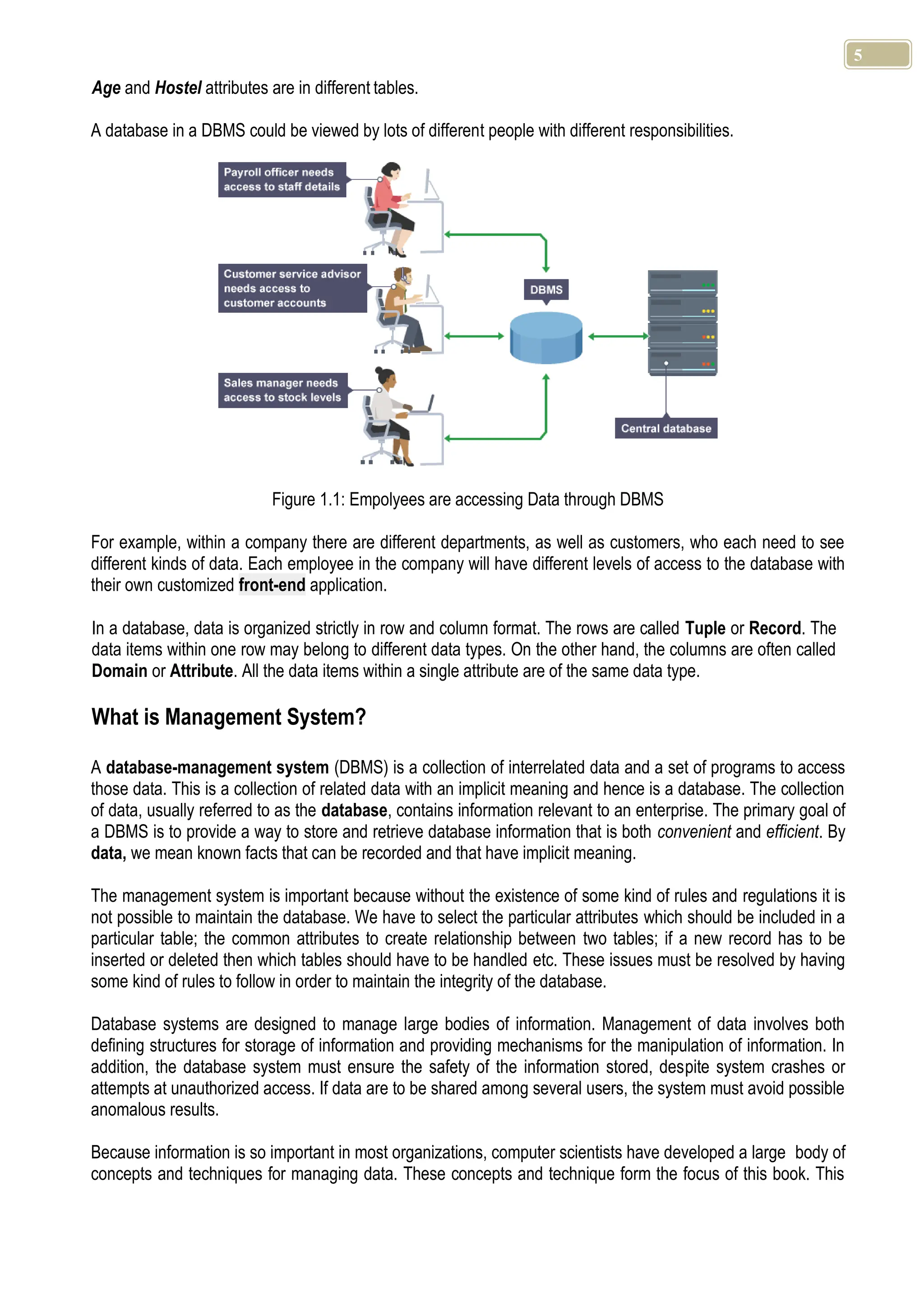 5 Age and Hostel attributes are in different tables. A database in a DBMS could be viewed by lots of different people with different responsibilities. Figure 1.1: Empolyees are accessing Data through DBMS For example, within a company there are different departments, as well as customers, who each need to see different kinds of data. Each employee in the company will have different levels of access to the database with their own customized front-end application. In a database, data is organized strictly in row and column format. The rows are called Tuple or Record. The data items within one row may belong to different data types. On the other hand, the columns are often called Domain or Attribute. All the data items within a single attribute are of the same data type. What is Management System? A database-management system (DBMS) is a collection of interrelated data and a set of programs to access those data. This is a collection of related data with an implicit meaning and hence is a database. The collection of data, usually referred to as the database, contains information relevant to an enterprise. The primary goal of a DBMS is to provide a way to store and retrieve database information that is both convenient and efficient. By data, we mean known facts that can be recorded and that have implicit meaning. The management system is important because without the existence of some kind of rules and regulations it is not possible to maintain the database. We have to select the particular attributes which should be included in a particular table; the common attributes to create relationship between two tables; if a new record has to be inserted or deleted then which tables should have to be handled etc. These issues must be resolved by having some kind of rules to follow in order to maintain the integrity of the database. Database systems are designed to manage large bodies of information. Management of data involves both defining structures for storage of information and providing mechanisms for the manipulation of information. In addition, the database system must ensure the safety of the information stored, despite system crashes or attempts at unauthorized access. If data are to be shared among several users, the system must avoid possible anomalous results. Because information is so important in most organizations, computer scientists have developed a large body of concepts and techniques for managing data. These concepts and technique form the focus of this book. This 