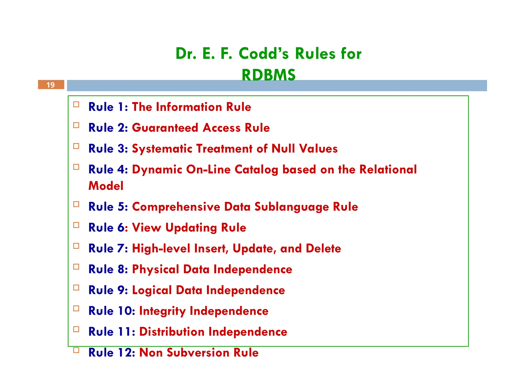 Dr. E. F. Codd’s Rules for
RDBMS
19
 Rule 1: The Information Rule
 Rule 2: Guaranteed Access Rule
 Rule 3: Systematic Treatment of Null Values
 Rule 4: Dynamic On-Line Catalog based on the Relational
Model
 Rule 5: Comprehensive Data Sublanguage Rule
 Rule 6: View Updating Rule
 Rule 7: High-level Insert, Update, and Delete
 Rule 8: Physical Data Independence
 Rule 9: Logical Data Independence
 Rule 10: Integrity Independence
 Rule 11: Distribution Independence
 Rule 12: Non Subversion Rule
 