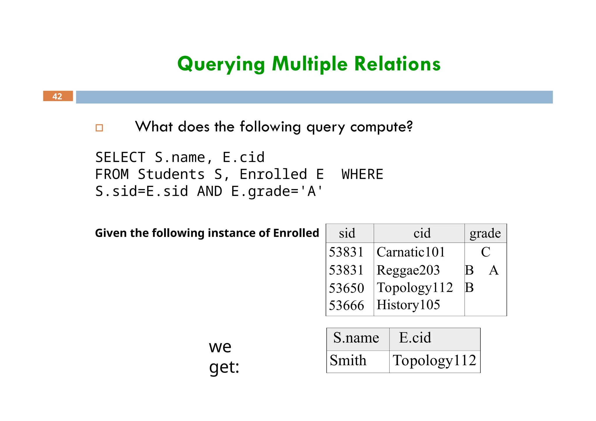 Querying Multiple Relations
42
S.name E.cid
Smith Topology112
sid cid grade
53831
53831
53650
53666
Carnatic101
Reggae203
Topology112
History105
C
B A
B
 What does the following query compute?
SELECT S.name, E.cid
FROM Students S, Enrolled E WHERE
S.sid=E.sid AND E.grade='A'
Given the following instance of Enrolled
we
get:
 