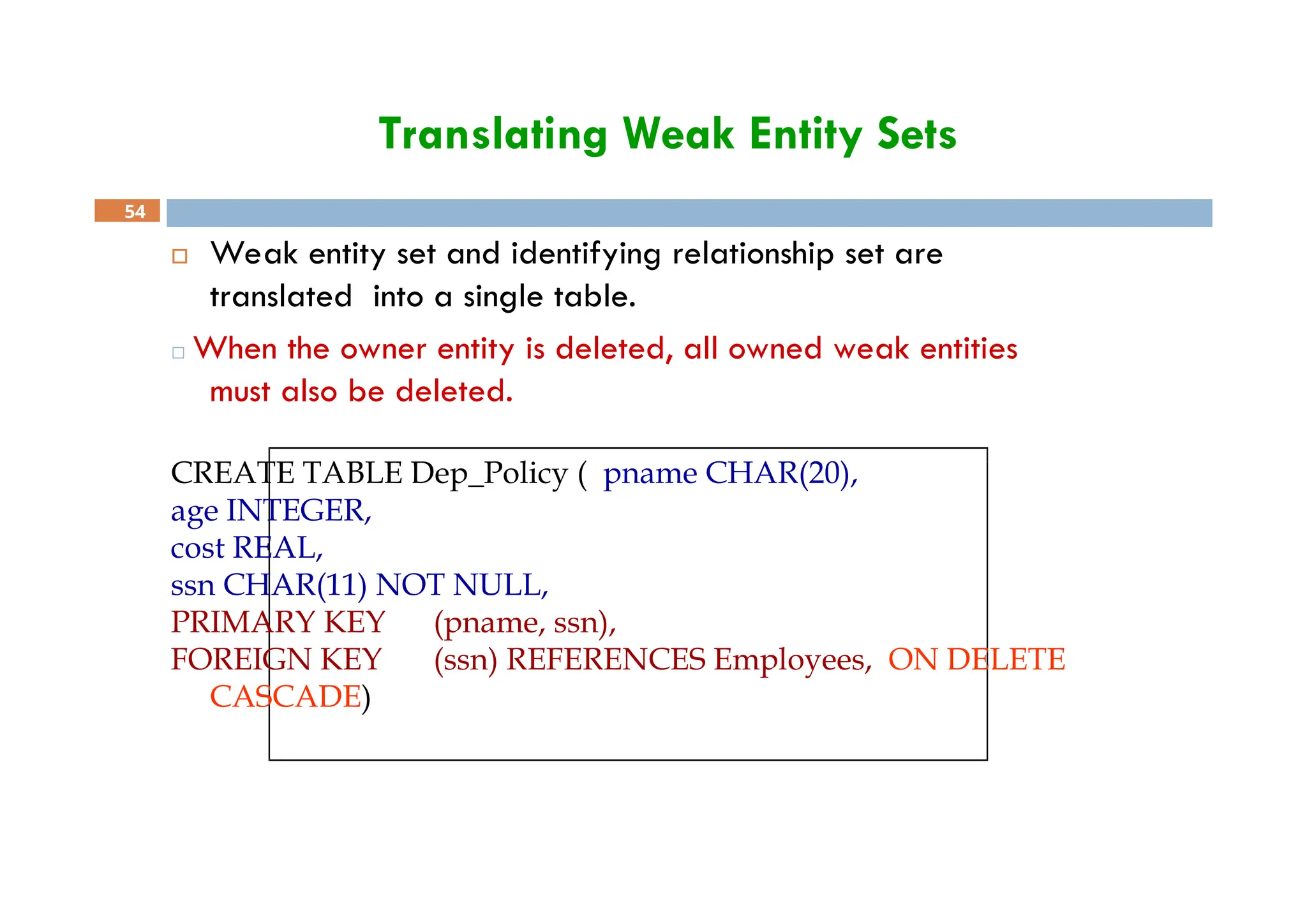 Translating Weak Entity Sets
54
 Weak entity set and identifying relationship set are
translated into a single table.
□ When the owner entity is deleted, all owned weak entities
must also be deleted.
CREATE TABLE Dep_Policy ( pname CHAR(20),
age INTEGER,
cost REAL,
ssn CHAR(11) NOT NULL,
PRIMARY KEY (pname, ssn),
FOREIGN KEY (ssn) REFERENCES Employees, ON DELETE
CASCADE)
 