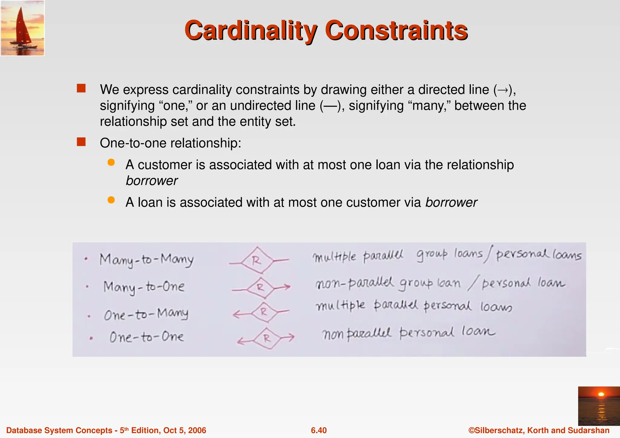 ©Silberschatz, Korth and Sudarshan
6.40
Database System Concepts - 5th Edition, Oct 5, 2006
Cardinality Constraints
Cardinality Constraints
 We express cardinality constraints by drawing either a directed line (),
signifying “one,” or an undirected line (—), signifying “many,” between the
relationship set and the entity set.
 One-to-one relationship:
 A customer is associated with at most one loan via the relationship
borrower
 A loan is associated with at most one customer via borrower
 