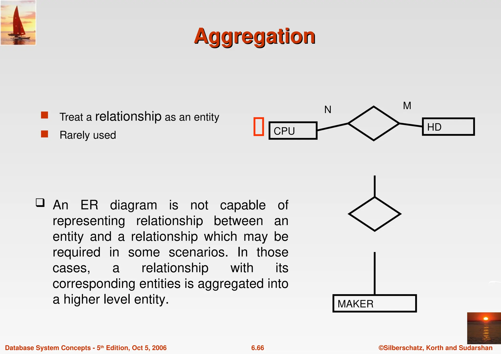 ©Silberschatz, Korth and Sudarshan
6.66
Database System Concepts - 5th Edition, Oct 5, 2006
Aggregation
Aggregation
CPU HD
 Treat a relationship as an entity
 Rarely used
N M
MAKER
 An ER diagram is not capable of
representing relationship between an
entity and a relationship which may be
required in some scenarios. In those
cases, a relationship with its
corresponding entities is aggregated into
a higher level entity.
 