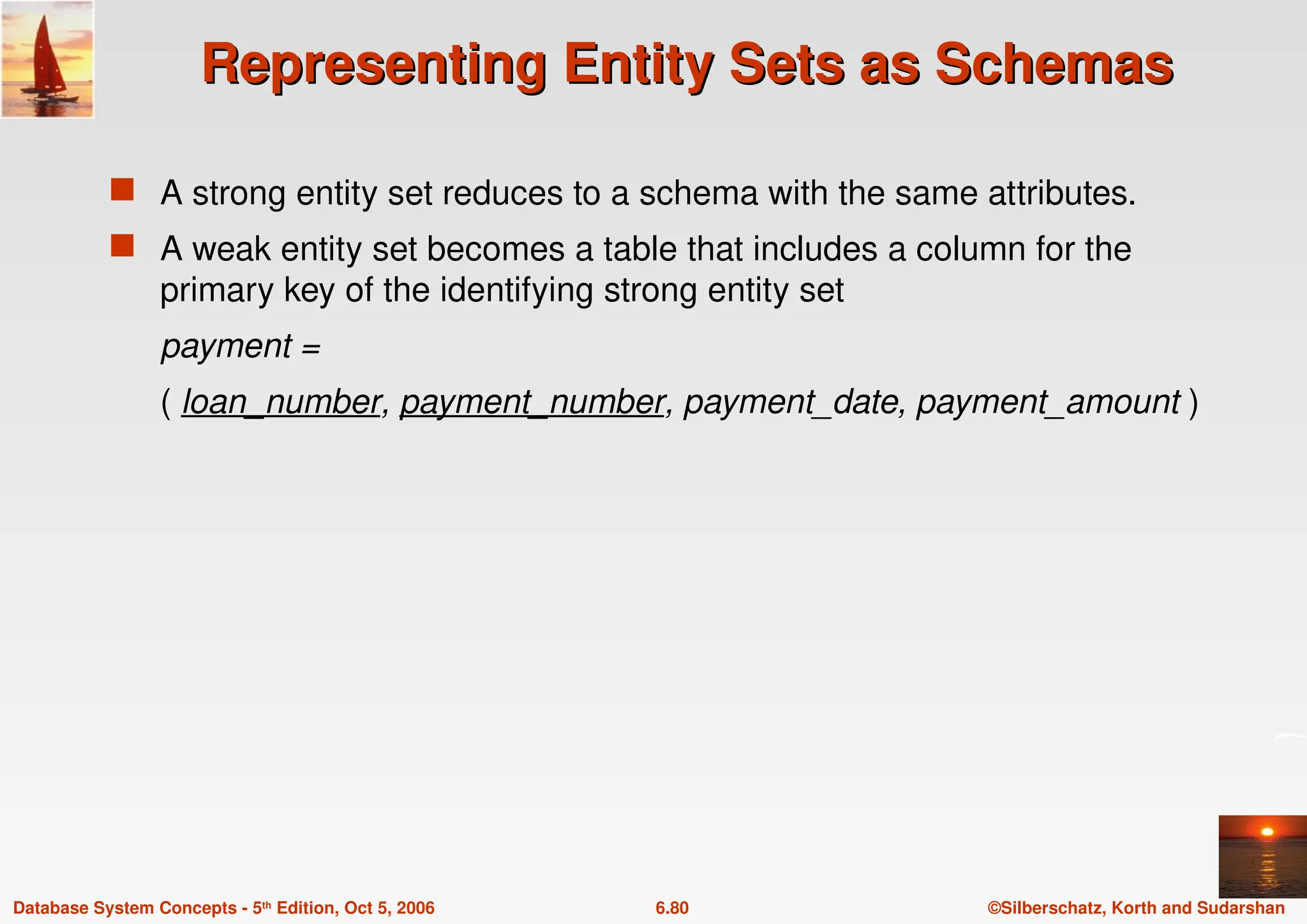 ©Silberschatz, Korth and Sudarshan
6.80
Database System Concepts - 5th Edition, Oct 5, 2006
Representing Entity Sets as Schemas
Representing Entity Sets as Schemas
 A strong entity set reduces to a schema with the same attributes.
 A weak entity set becomes a table that includes a column for the
primary key of the identifying strong entity set
payment =
( loan_number, payment_number, payment_date, payment_amount )
 