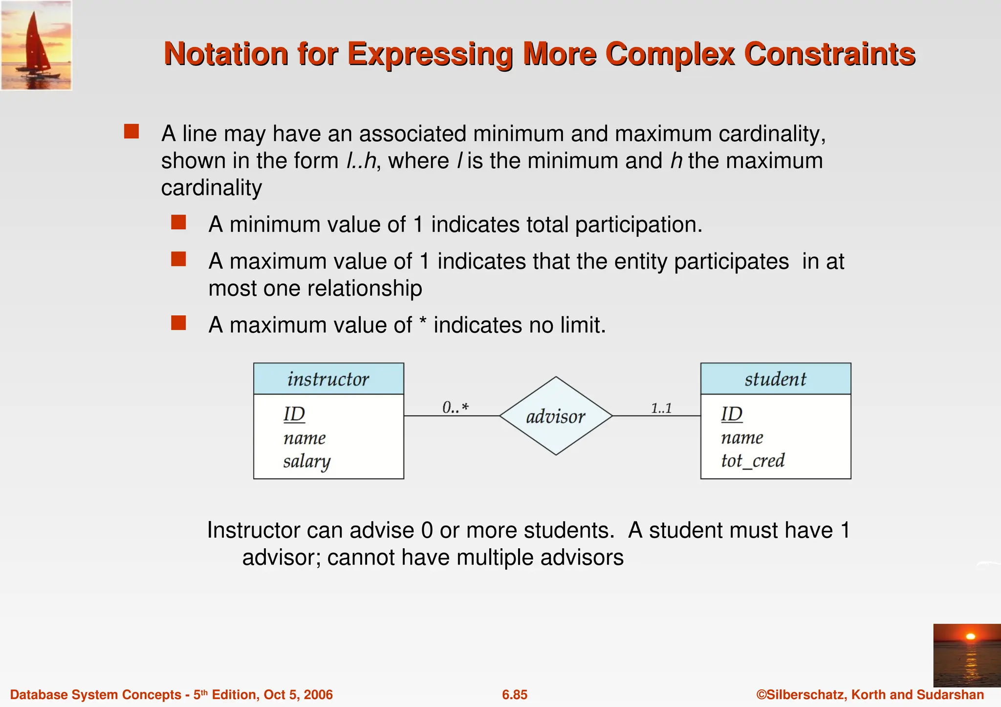 ©Silberschatz, Korth and Sudarshan
6.85
Database System Concepts - 5th Edition, Oct 5, 2006
Notation for Expressing More Complex Constraints
Notation for Expressing More Complex Constraints
 A line may have an associated minimum and maximum cardinality,
shown in the form l..h, where l is the minimum and h the maximum
cardinality
 A minimum value of 1 indicates total participation.
 A maximum value of 1 indicates that the entity participates in at
most one relationship
 A maximum value of * indicates no limit.
Instructor can advise 0 or more students. A student must have 1
advisor; cannot have multiple advisors
 