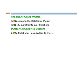 8
THE RELATIONAL MODEL
Introduction to the Relational Model
Integrity Constraints over Relations
LOGICAL DATABASE DESIGN
E-R to Relational Introduction to Views
 