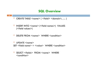 SQL Overview
27
 CREATE TABLE <name> ( <field> <domain>, … )
 INSERT INTO <name> (<field names>) VALUES
(<field values>)
 DELETE FROM <name> WHERE <condition>
 UPDATE <name>
SET <field name> = <value> WHERE <condition>
 SELECT <fields> FROM <name> WHERE
<condition>
 
