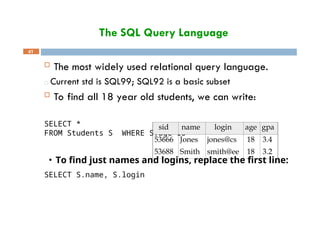 The SQL Query Language
41
 The most widely used relational query language.
□ Current std is SQL99; SQL92 is a basic subset
 To find all 18 year old students, we can write:
SELECT *
FROM Students S WHERE S.age=18
• To find just names and logins, replace the first line:
SELECT S.name, S.login
sid name login age gpa
53666
53688
Jones
Smith
jones@cs
smith@ee
18
18
3.4
3.2
 