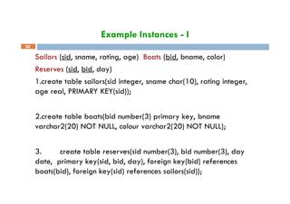 Example Instances - I
50
Sailors (sid, sname, rating, age) Boats (bid, bname, color)
Reserves (sid, bid, day)
1.create table sailors(sid integer, sname char(10), rating integer,
age real, PRIMARY KEY(sid));
2.create table boats(bid number(3) primary key, bname
varchar2(20) NOT NULL, colour varchar2(20) NOT NULL);
3. create table reserves(sid number(3), bid number(3), day
date, primary key(sid, bid, day), foreign key(bid) references
boats(bid), foreign key(sid) references sailors(sid));
 