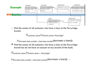 Example
Queries
58
 Find the names of all customers who have a loan at the Perryridge
branch.
customer_name (branch_name=“Perryridge”
(borrower.loan_number = loan.loan_number(borrower x loan)))
 Find the names of all customers who have a loan at the Perryridge
branch but do not have an account at any branch of the bank.
customer_name (branch_name = “Perryridge”
(borrower.loan_number = loan.loan_number(borrower x loan))) –
 