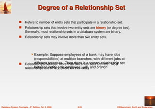 ©Silberschatz, Korth and Sudarshan
6.28
Database System Concepts - 5th Edition, Oct 5, 2006
Degree of a Relationship Set
Degree of a Relationship Set
 Refers to number of entity sets that participate in a relationship set.
 Relationship sets that involve two entity sets are binary (or degree two).
Generally, most relationship sets in a database system are binary.
 Relationship sets may involve more than two entity sets.
 Relationships between more than two entity sets are rare. Most
relationships are binary. (More on this later.)
Example: Suppose employees of a bank may have jobs
(responsibilities) at multiple branches, with different jobs at
different branches. Then there is a ternary relationship set
between entity sets employee, job, and branch
 