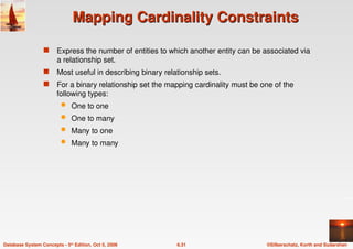 ©Silberschatz, Korth and Sudarshan
6.31
Database System Concepts - 5th Edition, Oct 5, 2006
Mapping Cardinality Constraints
Mapping Cardinality Constraints
 Express the number of entities to which another entity can be associated via
a relationship set.
 Most useful in describing binary relationship sets.
 For a binary relationship set the mapping cardinality must be one of the
following types:
 One to one
 One to many
 Many to one
 Many to many
 