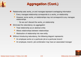©Silberschatz, Korth and Sudarshan
6.70
Database System Concepts - 5th Edition, Oct 5, 2006
Aggregation (Cont.)
Aggregation (Cont.)
 Relationship sets works_on and manages represent overlapping information
 Every manages relationship corresponds to a works_on relationship
 However, some works_on relationships may not correspond to any manages
relationships
 So we can’t discard the works_on relationship
 Eliminate this redundancy via aggregation
 Treat relationship as an abstract entity
 Allows relationships between relationships
 Abstraction of relationship into new entity
 Without introducing redundancy, the following diagram represents:
 An employee works on a particular job at a particular branch
 An employee, branch, job combination may have an associated manager
 