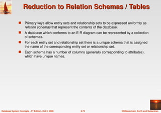 ©Silberschatz, Korth and Sudarshan
6.75
Database System Concepts - 5th Edition, Oct 5, 2006
Reduction to Relation Schemas / Tables
Reduction to Relation Schemas / Tables
 Primary keys allow entity sets and relationship sets to be expressed uniformly as
relation schemas that represent the contents of the database.
 A database which conforms to an E-R diagram can be represented by a collection
of schemas.
 For each entity set and relationship set there is a unique schema that is assigned
the name of the corresponding entity set or relationship set.
 Each schema has a number of columns (generally corresponding to attributes),
which have unique names.
 