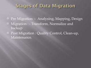   Pre Migration :- Analysing, Mapping, Design
   Migration : - Transform, Normalize and
    backup
   Post Migration : Quality Control, Clean-up,
    Maintenance.
 