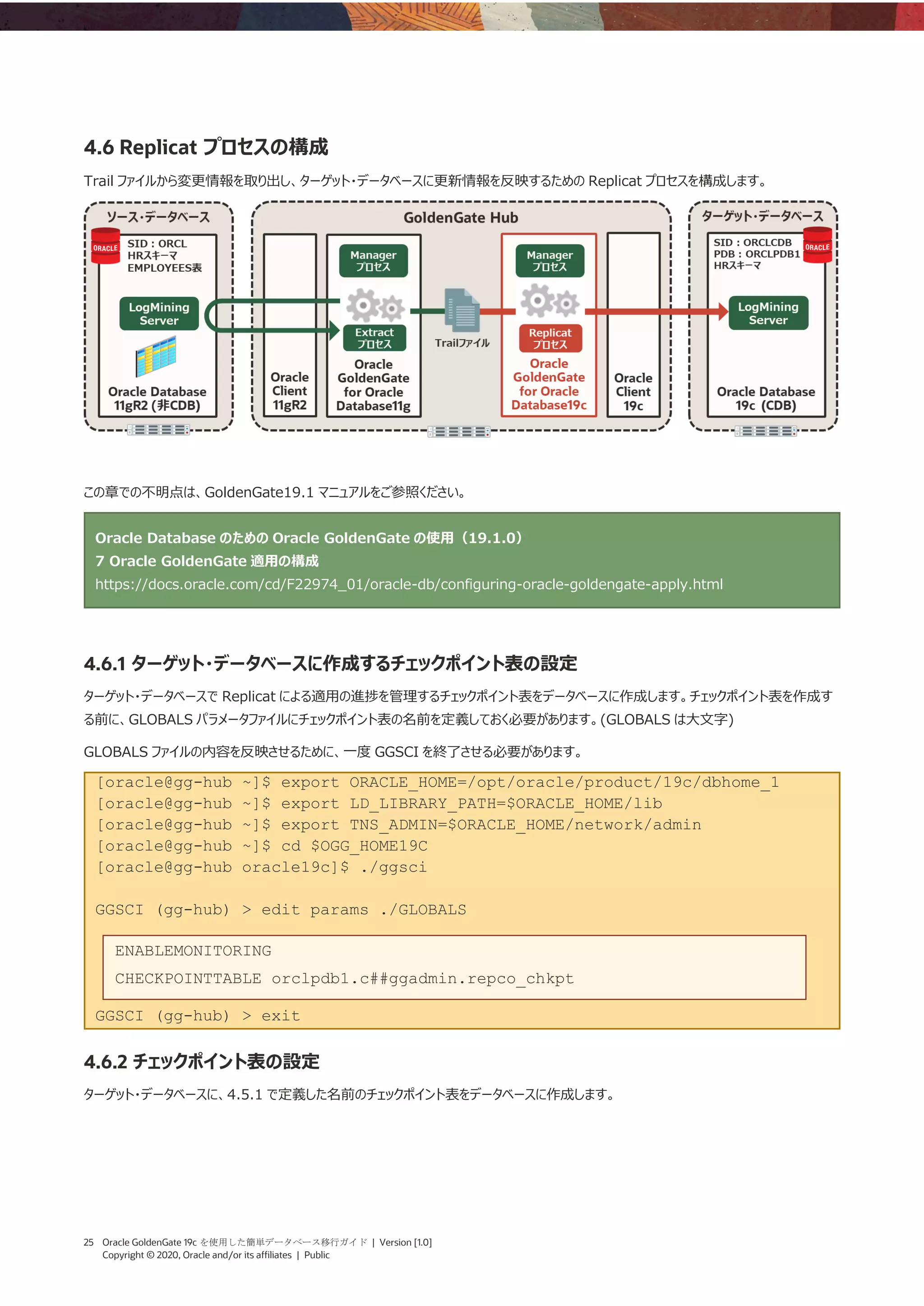 25 Oracle GoldenGate 19c を使用した簡単データベース移行ガイド | Version [1.0]
Copyright © 2020, Oracle and/or its affiliates | Public
4.6 Replicat プロセスの構成
Trail ファイルから変更情報を取り出し、ターゲット・データベースに更新情報を反映するための Replicat プロセスを構成します。
この章での不明点は、GoldenGate19.1 マニュアルをご参照ください。
Oracle Database のための Oracle GoldenGate の使用（19.1.0）
7 Oracle GoldenGate 適用の構成
https://docs.oracle.com/cd/F22974_01/oracle-db/configuring-oracle-goldengate-apply.html
4.6.1 ターゲット・データベースに作成するチェックポイント表の設定
ターゲット・データベースで Replicat による適用の進捗を管理するチェックポイント表をデータベースに作成します。チェックポイント表を作成す
る前に、GLOBALS パラメータファイルにチェックポイント表の名前を定義しておく必要があります。(GLOBALS は大文字)
GLOBALS ファイルの内容を反映させるために、一度 GGSCI を終了させる必要があります。
[oracle@gg-hub ~]$ export ORACLE_HOME=/opt/oracle/product/19c/dbhome_1
[oracle@gg-hub ~]$ export LD_LIBRARY_PATH=$ORACLE_HOME/lib
[oracle@gg-hub ~]$ export TNS_ADMIN=$ORACLE_HOME/network/admin
[oracle@gg-hub ~]$ cd $OGG_HOME19C
[oracle@gg-hub oracle19c]$ ./ggsci
GGSCI (gg-hub) > edit params ./GLOBALS
GGSCI (gg-hub) > exit
4.6.2 チェックポイント表の設定
ターゲット・データベースに、4.5.1 で定義した名前のチェックポイント表をデータベースに作成します。
ENABLEMONITORING
CHECKPOINTTABLE orclpdb1.c##ggadmin.repco_chkpt
 