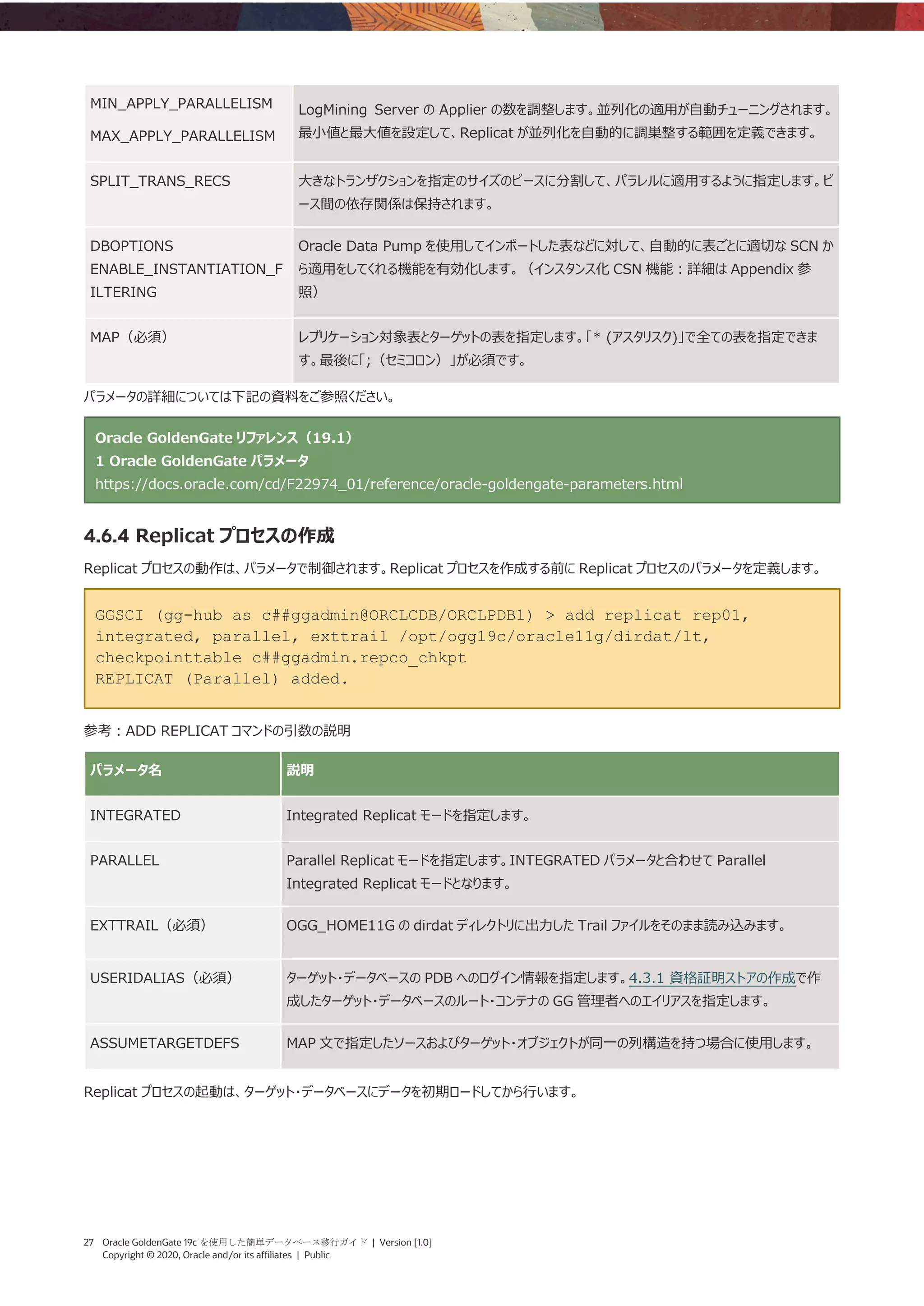 27 Oracle GoldenGate 19c を使用した簡単データベース移行ガイド | Version [1.0]
Copyright © 2020, Oracle and/or its affiliates | Public
MIN_APPLY_PARALLELISM
MAX_APPLY_PARALLELISM
LogMining Server の Applier の数を調整します。並列化の適用が自動チューニングされます。
最小値と最大値を設定して、Replicat が並列化を自動的に調巣整する範囲を定義できます。
SPLIT_TRANS_RECS 大きなトランザクションを指定のサイズのピースに分割して、パラレルに適用するように指定します。ピ
ース間の依存関係は保持されます。
DBOPTIONS
ENABLE_INSTANTIATION_F
ILTERING
Oracle Data Pump を使用してインポートした表などに対して、自動的に表ごとに適切な SCN か
ら適用をしてくれる機能を有効化します。（インスタンス化 CSN 機能：詳細は Appendix 参
照）
MAP（必須） レプリケーション対象表とターゲットの表を指定します。「* (アスタリスク)」で全ての表を指定できま
す。最後に「;（セミコロン）」が必須です。
パラメータの詳細については下記の資料をご参照ください。
Oracle GoldenGate リファレンス（19.1）
1 Oracle GoldenGate パラメータ
https://docs.oracle.com/cd/F22974_01/reference/oracle-goldengate-parameters.html
4.6.4 Replicat プロセスの作成
Replicat プロセスの動作は、パラメータで制御されます。Replicat プロセスを作成する前に Replicat プロセスのパラメータを定義します。
GGSCI (gg-hub as c##ggadmin@ORCLCDB/ORCLPDB1) > add replicat rep01,
integrated, parallel, exttrail /opt/ogg19c/oracle11g/dirdat/lt,
checkpointtable c##ggadmin.repco_chkpt
REPLICAT (Parallel) added.
参考：ADD REPLICAT コマンドの引数の説明
パラメータ名 説明
INTEGRATED Integrated Replicat モードを指定します。
PARALLEL Parallel Replicat モードを指定します。INTEGRATED パラメータと合わせて Parallel
Integrated Replicat モードとなります。
EXTTRAIL（必須） OGG_HOME11G の dirdat ディレクトリに出力した Trail ファイルをそのまま読み込みます。
USERIDALIAS（必須） ターゲット・データベースの PDB へのログイン情報を指定します。4.3.1 資格証明ストアの作成で作
成したターゲット・データベースのルート・コンテナの GG 管理者へのエイリアスを指定します。
ASSUMETARGETDEFS MAP 文で指定したソースおよびターゲット・オブジェクトが同一の列構造を持つ場合に使用します。
Replicat プロセスの起動は、ターゲット・データベースにデータを初期ロードしてから行います。
 