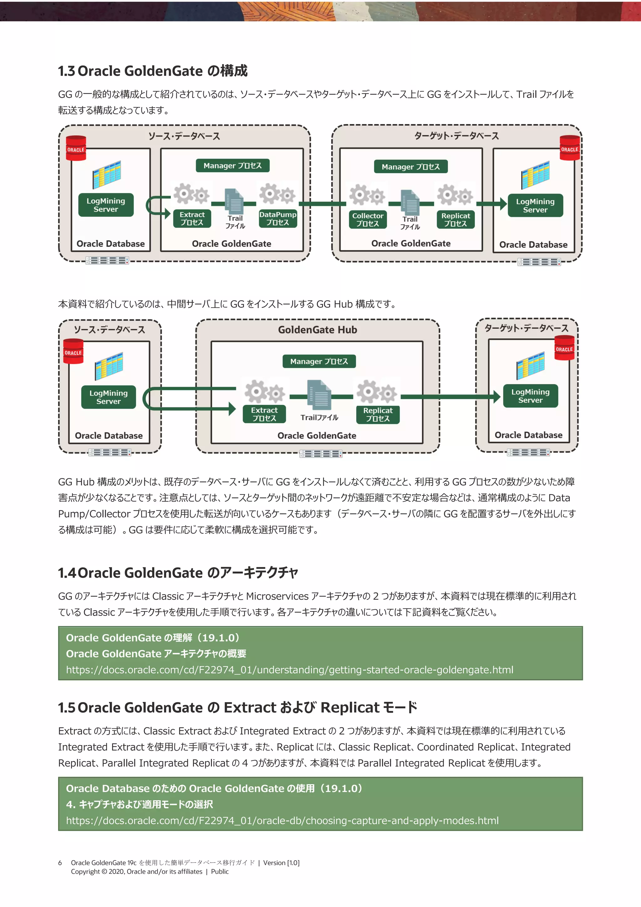 6 Oracle GoldenGate 19c を使用した簡単データベース移行ガイド | Version [1.0]
Copyright © 2020, Oracle and/or its affiliates | Public
1.3 Oracle GoldenGate の構成
GG の一般的な構成として紹介されているのは、ソース・データベースやターゲット・データベース上に GG をインストールして、Trail ファイルを
転送する構成となっています。
本資料で紹介しているのは、中間サーバ上に GG をインストールする GG Hub 構成です。
GG Hub 構成のメリットは、既存のデータベース・サーバに GG をインストールしなくて済むことと、利用する GG プロセスの数が少ないため障
害点が少なくなることです。注意点としては、ソースとターゲット間のネットワークが遠距離で不安定な場合などは、通常構成のように Data
Pump/Collector プロセスを使用した転送が向いているケースもあります（データベース・サーバの隣に GG を配置するサーバを外出しにす
る構成は可能）。GG は要件に応じて柔軟に構成を選択可能です。
1.4Oracle GoldenGate のアーキテクチャ
GG のアーキテクチャには Classic アーキテクチャと Microservices アーキテクチャの 2 つがありますが、本資料では現在標準的に利用され
ている Classic アーキテクチャを使用した手順で行います。各アーキテクチャの違いについては下記資料をご覧ください。
Oracle GoldenGate の理解（19.1.0）
Oracle GoldenGate アーキテクチャの概要
https://docs.oracle.com/cd/F22974_01/understanding/getting-started-oracle-goldengate.html
1.5Oracle GoldenGate の Extract および Replicat モード
Extract の方式には、Classic Extract および Integrated Extract の 2 つがありますが、本資料では現在標準的に利用されている
Integrated Extract を使用した手順で行います。また、Replicat には、Classic Replicat、Coordinated Replicat、Integrated
Replicat、Parallel Integrated Replicat の 4 つがありますが、本資料では Parallel Integrated Replicat を使用します。
Oracle Database のための Oracle GoldenGate の使用（19.1.0）
4. キャプチャおよび適用モードの選択
https://docs.oracle.com/cd/F22974_01/oracle-db/choosing-capture-and-apply-modes.html
 