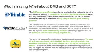 Who is saying What about DMS and SCT?
"We migrated hundreds of our clients from our in-house data-center to Amazon RDS
Ora...