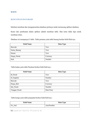 5 | L a p o r a n G a r n i s P r a s e t i a Q
BAB II
RANCANGAN DATABASE
Sebelum membuat dan mengoperasikan database perlunya untuk merancang aplikasi database.
Kunci dari pembuatan dalam aplikasi adalah membuat table. Dan tentu tidak lupa untuk
membuat relasi.
Database ini mempunyai 5 table. Table pertama yaitu table barang berikut field-filed nya :
Field Name Data Type
Barcode Text
Nama_Barang Text
Satuan Text
Harga_Pokok Currency
Stok Number
Table kedua yaitu table Pasokan berikut field-field nya :
Field Name Data Type
Id_Pasok Text
Id_Supplier Number
Barcode Text
Harga_Beli Currency
Qty_Pasok Number
Tanggal_Pasok Date/Time
Table ketiga yaitu table penjualan berikut field-field nya :
Field Name Data Type
No_Jual AutoNumber
 