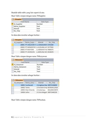 9 | L a p o r a n G a r n i s P r a s e t i a Q
Buatlah table-table yang lain seperti di atas.
Buat Table simpan dengan nama TbSupplier.
Isi data-data tersebut sebagai berikut :
Buat Table simpan dengan nama TbKaryawan.
Isi data-data tersebut sebagai berikut :
Buat Table simpan dengan nama TbPasokan.
 