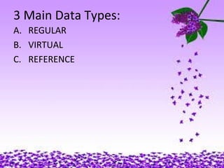 20
3 Main Data Types:
A. REGULAR
B. VIRTUAL
C. REFERENCE
 