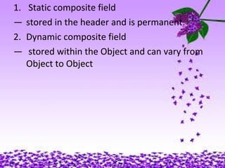 1. Static composite field
― stored in the header and is permanent.
2. Dynamic composite field
― stored within the Object and can vary from
Object to Object
 