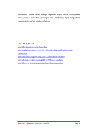Kepopuleran DBMS dalam berbagai organisasi segala ukuran menunjukkan
bahwa pemakai merasakan keuntungan atau kelebihannya dapat mengalahkan
biaya yang dikeluarkan untuk membelinya.




DAFTAR PUSTAKA
http://id.wikipedia.org/wiki/Basis_data
http://prichallean.blogspot.com/2011/11/model-data-adalah-sekumpulan-
konsep.html
http://artaulinata.blogspot.com/2010/11/istilah-basis-data.html
http://ukiehary.wordpress.com/2010/11/30/konsep-database/
http://blog.re.or.id/struktur-data-dan-basis-data-database.htm




Basis Data – Sa’adatud Daroin/093224006                                 Page 9
 