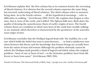 Lévi-Strauss explains that ‘the first column has as its common feature the overrating
of blood relations. It is obvious that the second column expresses the same thing
but inverted: underrating of blood relations. The third column refers to monsters
being slain. As to the fourth column . . . all the hypothetical meanings . . refer to
difficulties in walking .’ (Lévi-Strauss 1963: 214-5). He explains that dragon is ctho-
nian, that is, born of the earth, and is killed. The Sphynx kills men. Both share the
quality of denying the autocthonous (born of earth) origins of men. The fourth
column draws on a tradition in which men born of the earth have trouble walking
or are maimed, which therefore is characterised by the persistence of the autoctho-
nous origin of men.
Lévi-Strauss concludes that the Oedipus legend deals with ‘the inability, for a cul-
ture which holds the belief that man is autocthonous, . . . to find a satisfactory tran-
sition between this theory and the knowledge that human beings are actually born
from the union of man and woman Although the problem obviously cannot be
solved, the Oedipus myth provides a kind of logical tool which relates the original
problem – born of one or born of two? – to the derivative problem: born from dif-
ferent or born from same?’ (Lévi-Strauss 1963: 216).
Claude Lévi-Strauss, The Structural Study of Myth, http://people.ucsc.edu/~ktellez/levi-strauss.pdf
 
