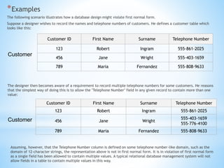 *Examples 
The following scenario illustrates how a database design might violate first normal form. 
Suppose a designer wishes to record the names and telephone numbers of customers. He defines a customer table which 
looks like this: 
Customer ID First Name Surname Telephone Number 
123 Robert Ingram 555-861-2025 
456 Jane Wright 555-403-1659 
789 Maria Fernandez 555-808-9633 
Customer 
The designer then becomes aware of a requirement to record multiple telephone numbers for some customers. He reasons 
that the simplest way of doing this is to allow the "Telephone Number" field in any given record to contain more than one 
value: 
Customer ID First Name Surname Telephone Number 
123 Robert Ingram 555-861-2025 
456 Jane Wright 
555-403-1659 
555-776-4100 
789 Maria Fernandez 555-808-9633 
Customer 
Assuming, however, that the Telephone Number column is defined on some telephone number-like domain, such as the 
domain of 12-character strings, the representation above is not in first normal form. It is in violation of first normal form 
as a single field has been allowed to contain multiple values. A typical relational database management system will not 
allow fields in a table to contain multiple values in this way. 
 