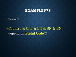 EXAMPLE???
• Violated !!!
• Country & City & LN & SN & BN
depend on Postal Code!!!
 