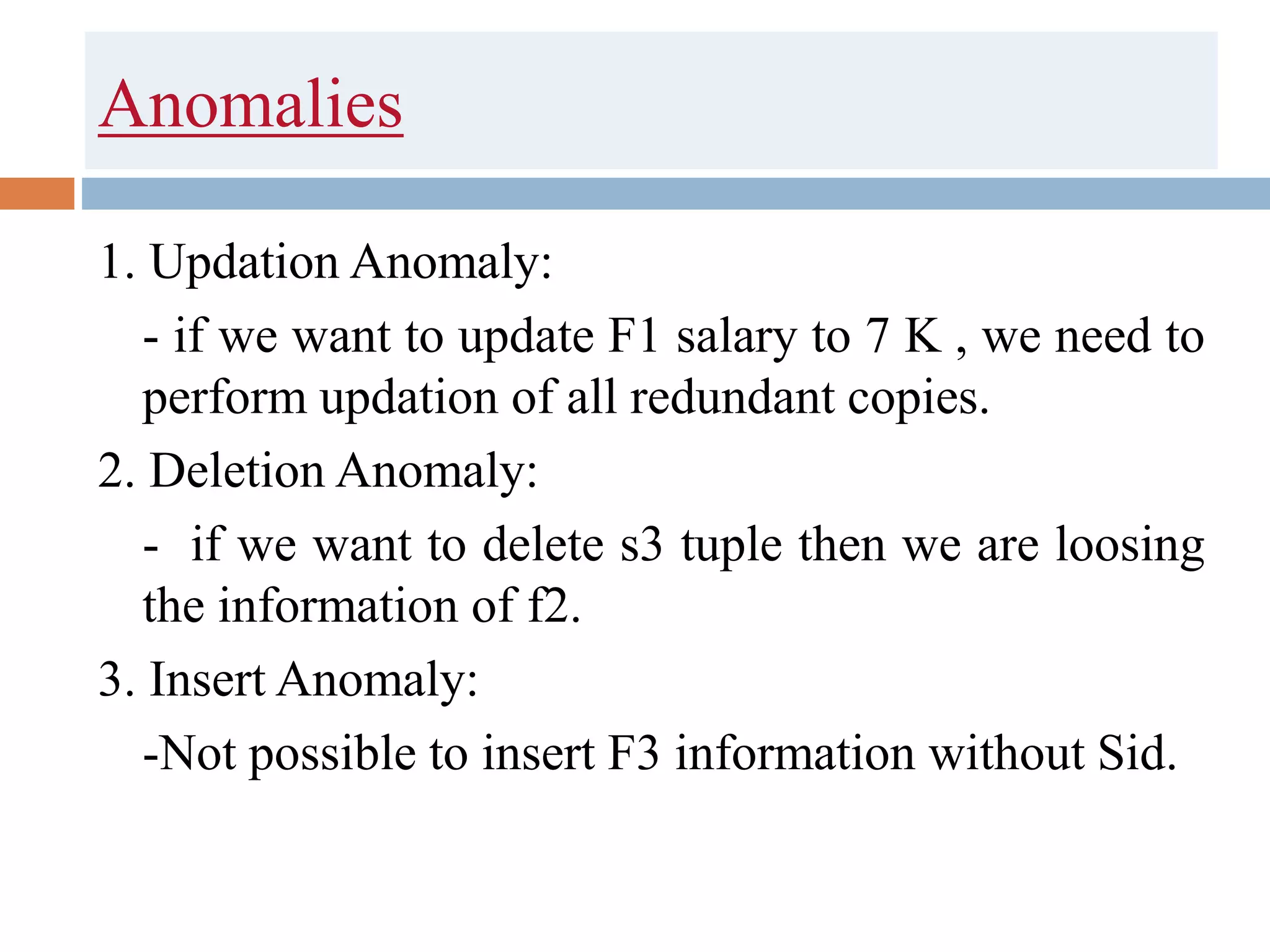 Anomalies
1. Updation Anomaly:
- if we want to update F1 salary to 7 K , we need to
perform updation of all redundant copies.
2. Deletion Anomaly:
- if we want to delete s3 tuple then we are loosing
the information of f2.
3. Insert Anomaly:
-Not possible to insert F3 information without Sid.
 