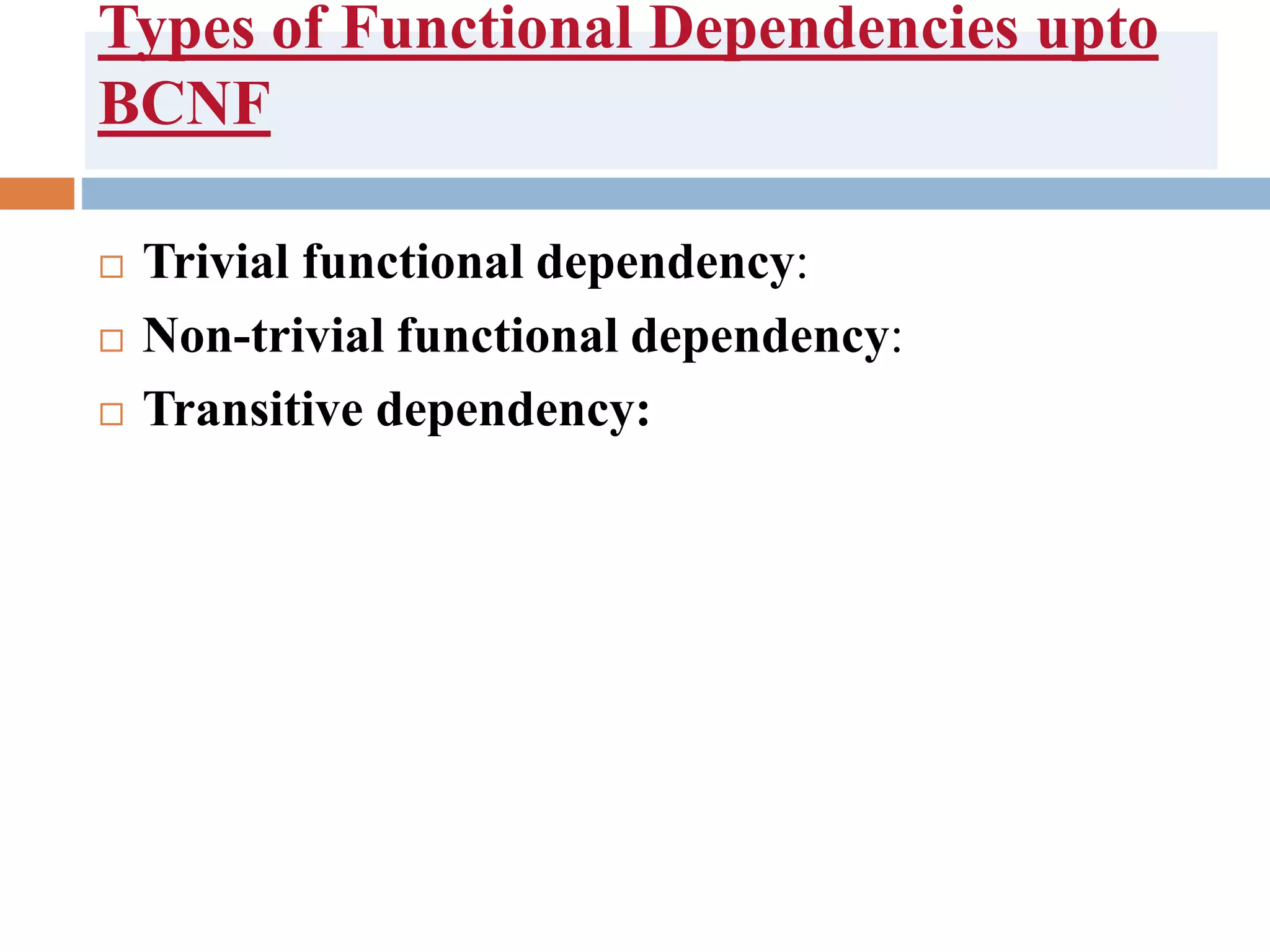 Types of Functional Dependencies upto
BCNF
 Trivial functional dependency:
 Non-trivial functional dependency:
 Transitive dependency:
 