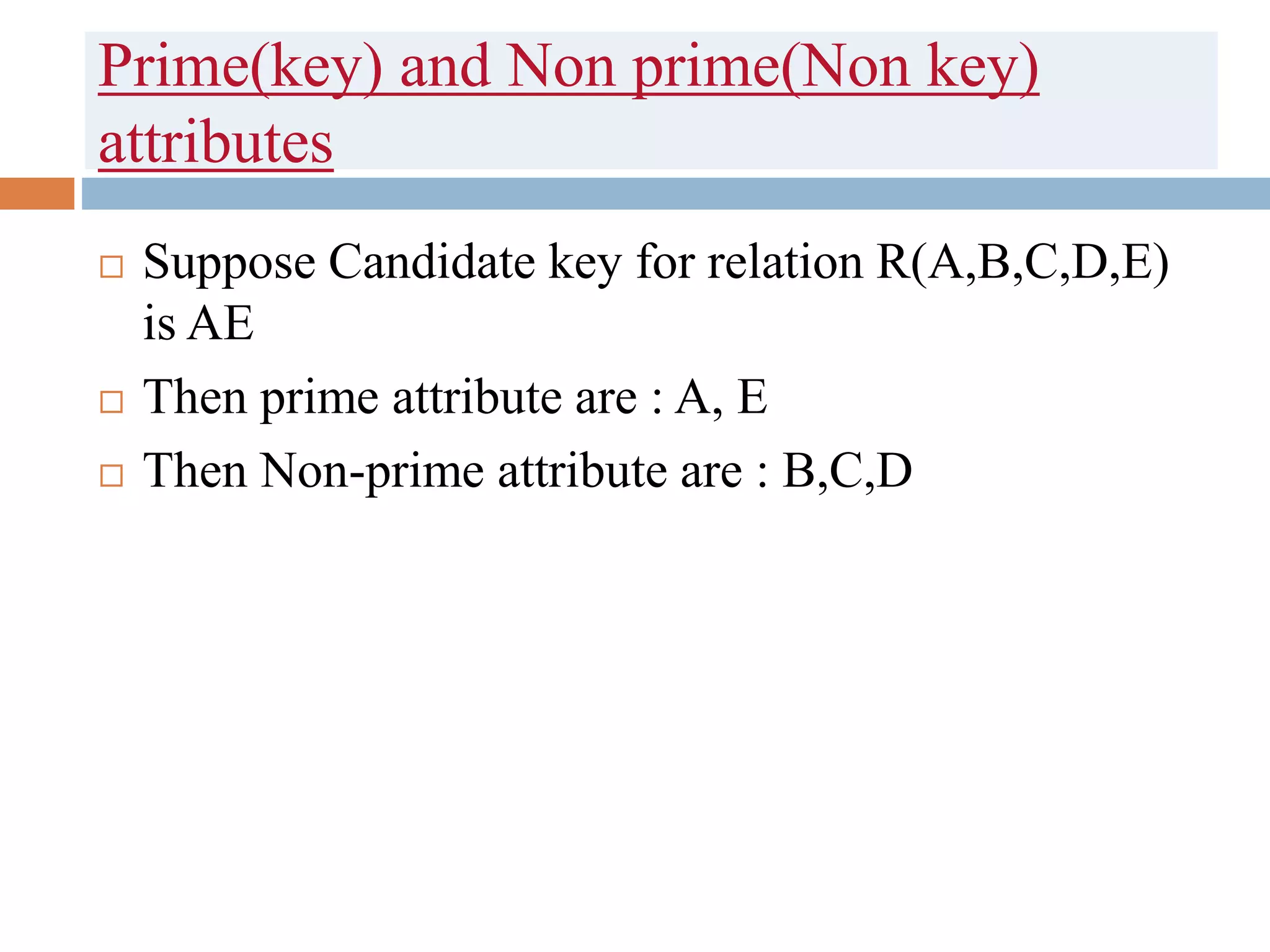 Prime(key) and Non prime(Non key)
attributes
 Suppose Candidate key for relation R(A,B,C,D,E)
is AE
 Then prime attribute are : A, E
 Then Non-prime attribute are : B,C,D
 