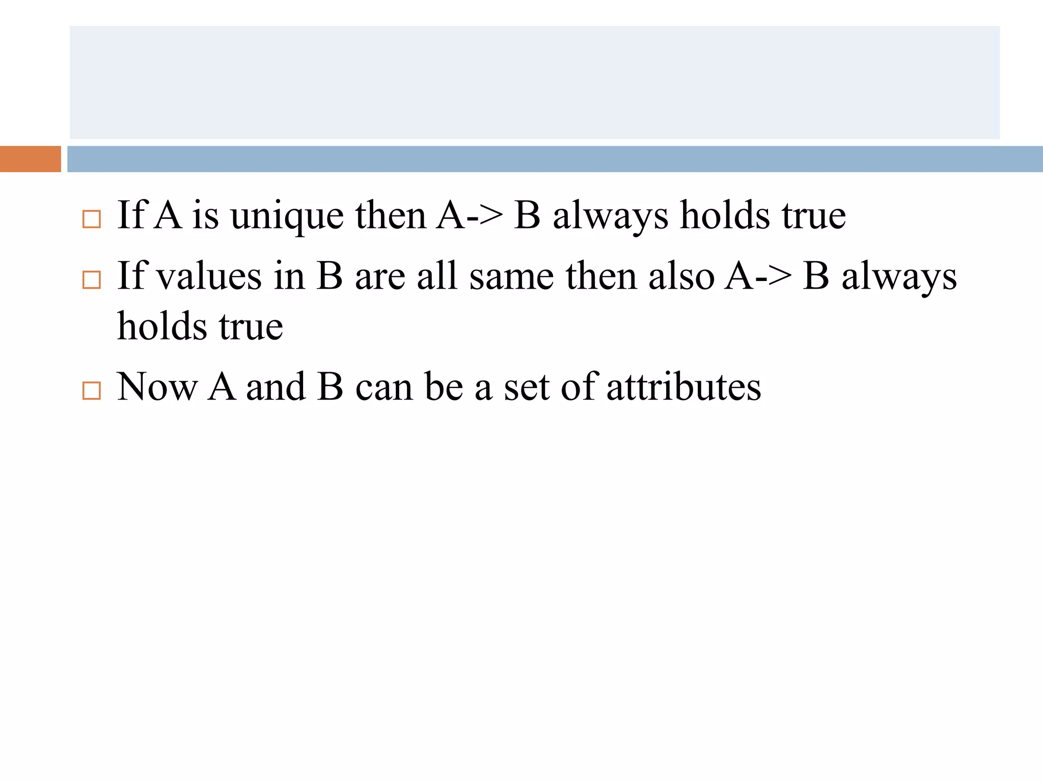  If A is unique then A-> B always holds true
 If values in B are all same then also A-> B always
holds true
 Now A and B can be a set of attributes
 