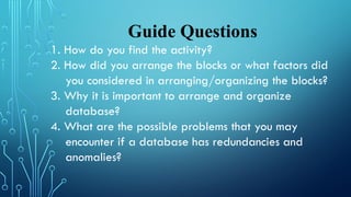 Guide Questions
1. How do you find the activity?
2. How did you arrange the blocks or what factors did
you considered in arranging/organizing the blocks?
3. Why it is important to arrange and organize
database?
4. What are the possible problems that you may
encounter if a database has redundancies and
anomalies?
 