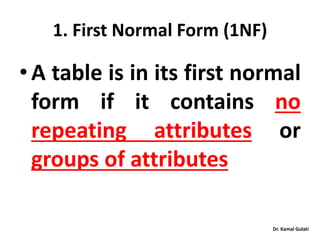 Dr. Kamal Gulati
1. First Normal Form (1NF)
•A table is in its first normal
form if it contains no
repeating attributes or
groups of attributes
 