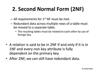 Dr. Kamal Gulati
2. Second Normal Form (2NF)
– All requirements for 1st NF must be met.
– Redundant data across multiple rows of a table must
be moved to a separate table.
• The resulting tables must be related to each other by use of
foreign key.
• A relation is said to be in 2NF if and only if it is in
1NF and every non key attribute is fully
dependent on the primary key.
• After 2NF, we can still have redundant data.
 