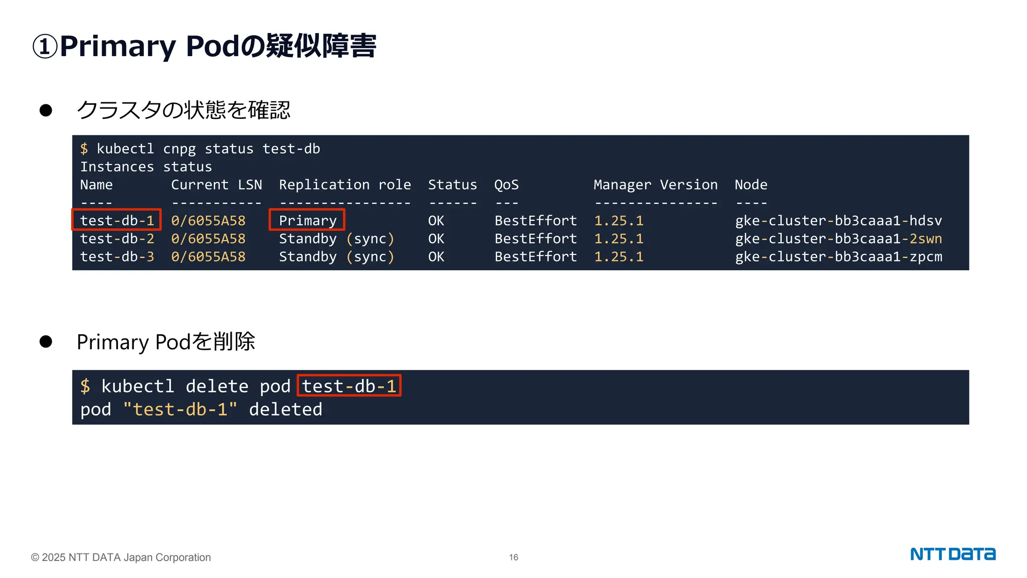 © 2025 NTT DATA Japan Corporation 16
①Primary Podの疑似障害
⚫ クラスタの状態を確認
⚫ Primary Podを削除
$ kubectl cnpg status test-db
Instances status
Name Current LSN Replication role Status QoS Manager Version Node
---- ----------- ---------------- ------ --- --------------- ----
test-db-1 0/6055A58 Primary OK BestEffort 1.25.1 gke-cluster-bb3caaa1-hdsv
test-db-2 0/6055A58 Standby (sync) OK BestEffort 1.25.1 gke-cluster-bb3caaa1-2swn
test-db-3 0/6055A58 Standby (sync) OK BestEffort 1.25.1 gke-cluster-bb3caaa1-zpcm
$ kubectl delete pod test-db-1
pod "test-db-1" deleted
 