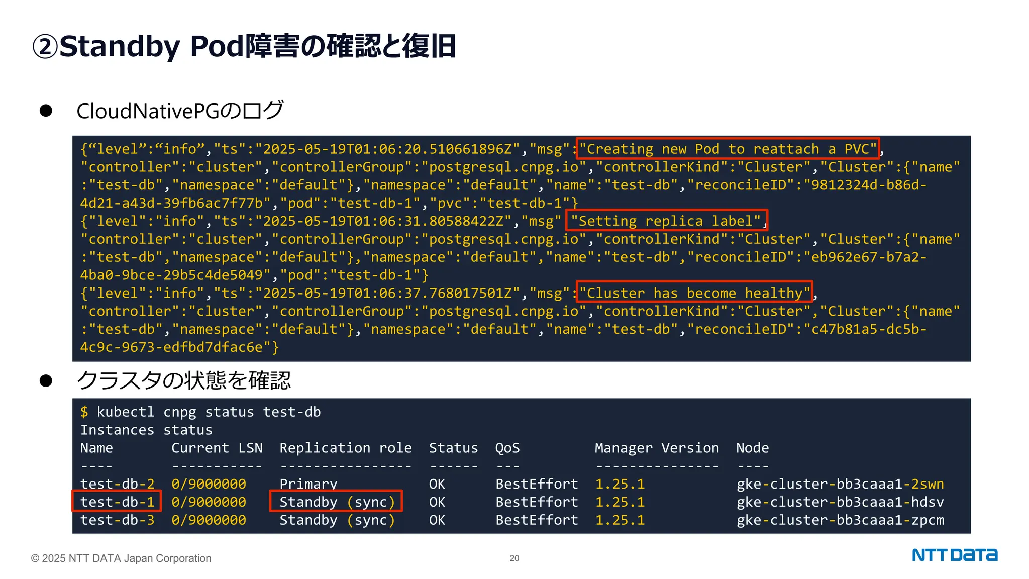 © 2025 NTT DATA Japan Corporation 20
②Standby Pod障害の確認と復旧
⚫ CloudNativePGのログ
⚫ クラスタの状態を確認
{“level”:“info”,"ts":"2025-05-19T01:06:20.510661896Z","msg":"Creating new Pod to reattach a PVC",
"controller":"cluster","controllerGroup":"postgresql.cnpg.io","controllerKind":"Cluster","Cluster":{"name"
:"test-db","namespace":"default"},"namespace":"default","name":"test-db","reconcileID":"9812324d-b86d-
4d21-a43d-39fb6ac7f77b","pod":"test-db-1","pvc":"test-db-1"}
{"level":"info","ts":"2025-05-19T01:06:31.80588422Z","msg":"Setting replica label",
"controller":"cluster","controllerGroup":"postgresql.cnpg.io","controllerKind":"Cluster","Cluster":{"name"
:"test-db","namespace":"default"},"namespace":"default","name":"test-db","reconcileID":"eb962e67-b7a2-
4ba0-9bce-29b5c4de5049","pod":"test-db-1"}
{"level":"info","ts":"2025-05-19T01:06:37.768017501Z","msg":"Cluster has become healthy",
"controller":"cluster","controllerGroup":"postgresql.cnpg.io","controllerKind":"Cluster","Cluster":{"name"
:"test-db","namespace":"default"},"namespace":"default","name":"test-db","reconcileID":"c47b81a5-dc5b-
4c9c-9673-edfbd7dfac6e"}
$ kubectl cnpg status test-db
Instances status
Name Current LSN Replication role Status QoS Manager Version Node
---- ----------- ---------------- ------ --- --------------- ----
test-db-2 0/9000000 Primary OK BestEffort 1.25.1 gke-cluster-bb3caaa1-2swn
test-db-1 0/9000000 Standby (sync) OK BestEffort 1.25.1 gke-cluster-bb3caaa1-hdsv
test-db-3 0/9000000 Standby (sync) OK BestEffort 1.25.1 gke-cluster-bb3caaa1-zpcm
 