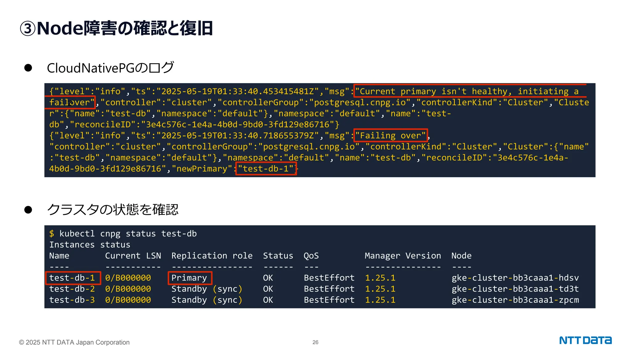 © 2025 NTT DATA Japan Corporation 26
③Node障害の確認と復旧
⚫ CloudNativePGのログ
⚫ クラスタの状態を確認
{"level":"info","ts":"2025-05-19T01:33:40.453415481Z","msg":"Current primary isn't healthy, initiating a
failover","controller":"cluster","controllerGroup":"postgresql.cnpg.io","controllerKind":"Cluster","Cluste
r":{"name":"test-db","namespace":"default"},"namespace":"default","name":"test-
db","reconcileID":"3e4c576c-1e4a-4b0d-9bd0-3fd129e86716"}
{"level":"info","ts":"2025-05-19T01:33:40.718655379Z","msg":"Failing over",
"controller":"cluster","controllerGroup":"postgresql.cnpg.io","controllerKind":"Cluster","Cluster":{"name"
:"test-db","namespace":"default"},"namespace":"default","name":"test-db","reconcileID":"3e4c576c-1e4a-
4b0d-9bd0-3fd129e86716","newPrimary":"test-db-1"}
$ kubectl cnpg status test-db
Instances status
Name Current LSN Replication role Status QoS Manager Version Node
---- ----------- ---------------- ------ --- --------------- ----
test-db-1 0/B000000 Primary OK BestEffort 1.25.1 gke-cluster-bb3caaa1-hdsv
test-db-2 0/B000000 Standby (sync) OK BestEffort 1.25.1 gke-cluster-bb3caaa1-td3t
test-db-3 0/B000000 Standby (sync) OK BestEffort 1.25.1 gke-cluster-bb3caaa1-zpcm
ｚ
 