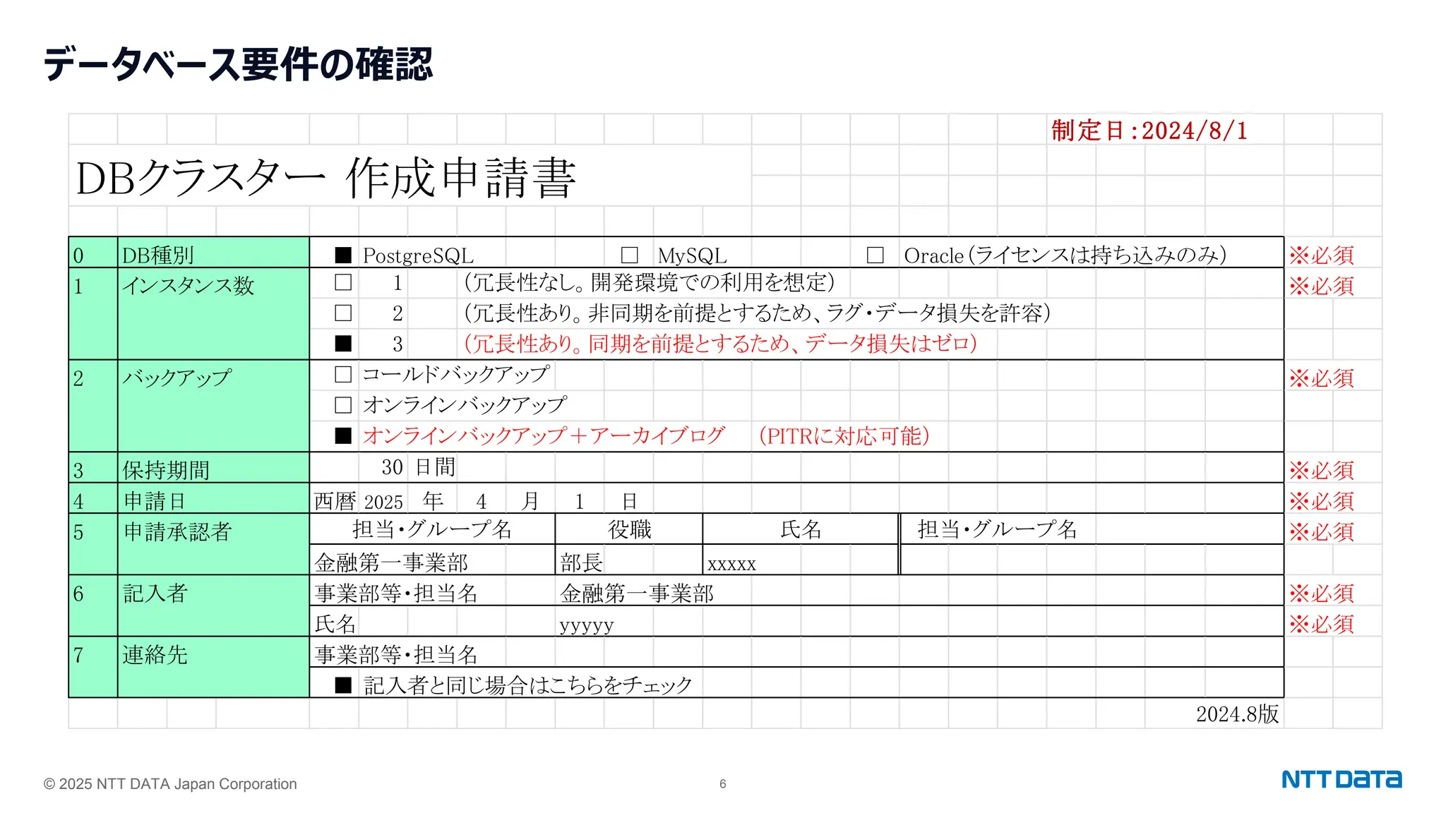 © 2025 NTT DATA Japan Corporation 6
データベース要件の確認
制定日：2024/8/1
0 DB種別 ■ PostgreSQL □ MySQL □ Oracle（ライセンスは持ち込みのみ） ※必須
1 インスタンス数 □ 1 （冗長性なし。開発環境での利用を想定） ※必須
□ 2 （冗長性あり。非同期を前提とするため、ラグ・データ損失を許容）
■ 3 （冗長性あり。同期を前提とするため、データ損失はゼロ）
2 バックアップ □ コールドバックアップ ※必須
□ オンラインバックアップ
■ オンラインバックアップ＋アーカイブログ （PITRに対応可能）
3 保持期間 30 日間 ※必須
4 申請日 西暦 2025 年 4 月 1 日 ※必須
5 申請承認者 ※必須
金融第一事業部 部長 xxxxx
6 記入者 事業部等・担当名 金融第一事業部 ※必須
氏名 yyyyy ※必須
7 連絡先 事業部等・担当名
■ 記入者と同じ場合はこちらをチェック
2024.8版
DBクラスター 作成申請書
担当・グループ名 役職 氏名 担当・グループ名
 