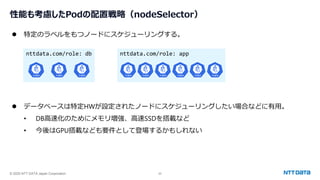 © 2025 NTT DATA Japan Corporation 22
⚫ 特定のラベルをもつノードにスケジューリングする。
⚫ データベースは特定HWが設定されたノードにスケジューリングしたい場合などに有用。
• DB高速化のためにメモリ増強、高速SSDを搭載など
• 今後はGPU搭載なども要件として登場するかもしれない
性能も考慮したPodの配置戦略（nodeSelector）
nttdata.com/role: db nttdata.com/role: app
 
