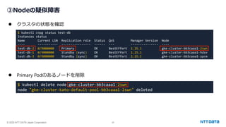 © 2025 NTT DATA Japan Corporation 25
③Nodeの疑似障害
⚫ クラスタの状態を確認
⚫ Primary Podのあるノードを削除
$ kubectl delete node gke-cluster-bb3caaa1-2swn
node "gke-cluster-kato-default-pool-bb3caaa1-2swn" deleted
$ kubectl cnpg status test-db
Instances status
Name Current LSN Replication role Status QoS Manager Version Node
---- ----------- ---------------- ------ --- --------------- ----
test-db-2 0/9000000 Primary OK BestEffort 1.25.1 gke-cluster-bb3caaa1-2swn
test-db-1 0/9000000 Standby (sync) OK BestEffort 1.25.1 gke-cluster-bb3caaa1-hdsv
test-db-3 0/9000000 Standby (sync) OK BestEffort 1.25.1 gke-cluster-bb3caaa1-zpcm
 